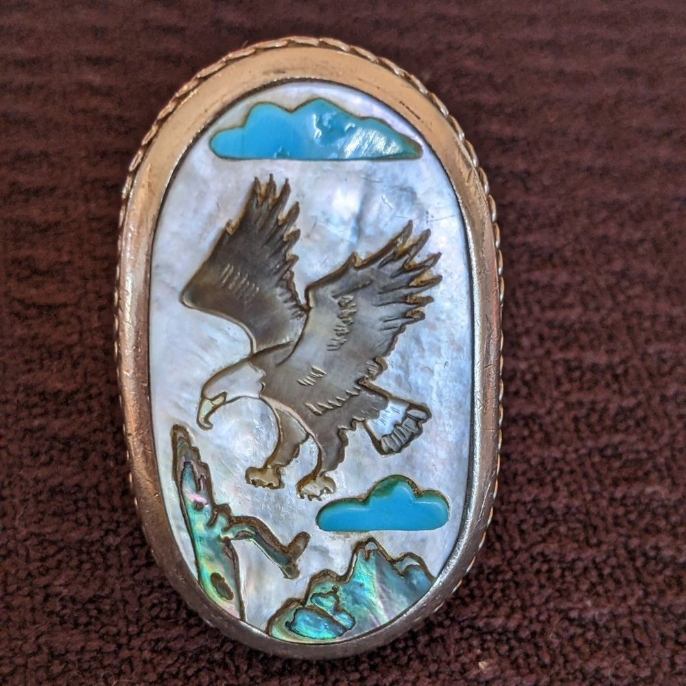 Native American Sterling, Turquoise, abalone and mother of pearl adjustable ring